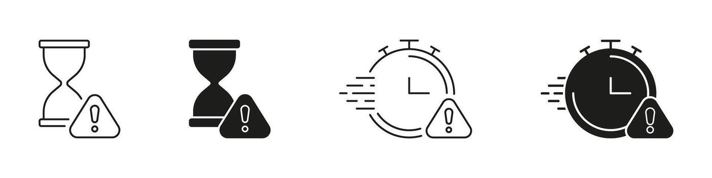 Hourglass And Stopwatch With Exclamation Mark Icon Set. Time Management, Urgency, And Deadline Alert Symbol Collection. Efficiency And Productivity Warning. Isolated Illustration vector