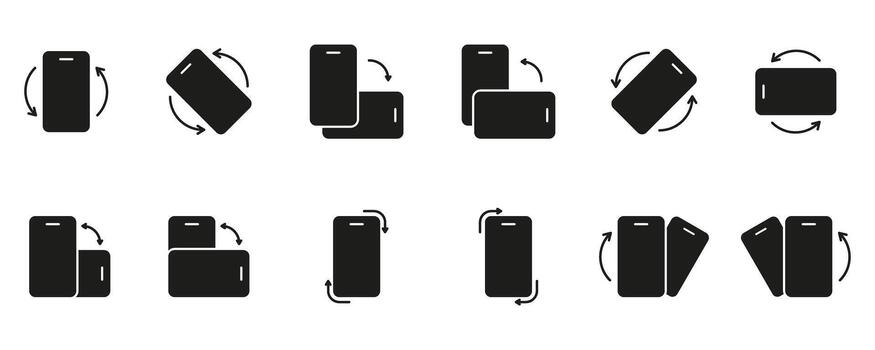 Mobile Device Screen Rotation Solid Icon Set. Smartphone Orientation Adjustment With Arrows Representing Motion, Usability and Interaction Silhouette Symbol Collection. Isolated Illustration vector