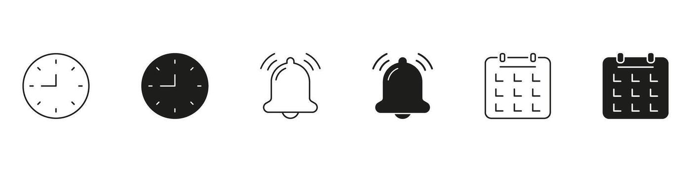 reloj, campana, y calendario línea y sólido icono colocar. hora gestión, recordatorio notificaciones, y Planificación contorno y silueta símbolo. eficiente planificación herramientas. aislado ilustración vector