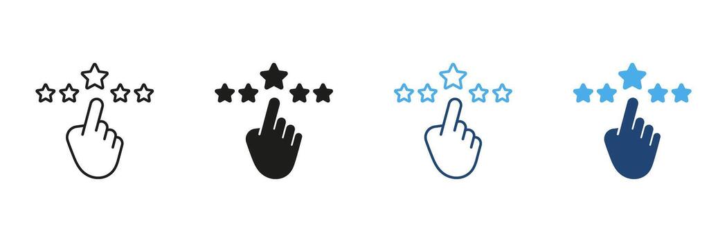 Hand Clicking Star Rating Line And Solid Icon Set. User Feedback, Review, And Rating System Outline And Silhouette Symbol Collection. Customer Satisfaction Evaluation. Isolated Illustration vector