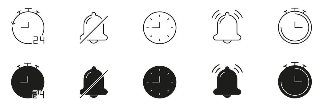 Clock And Bell Icon Set. Time Management, Alarm Notification, And 24-Hour Scheduling Outline And Silhouette Symbol Collection. Includes Silent Mode And Alert Indicators. Isolated Illustration vector