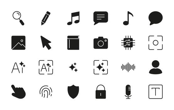 Multimedia And Digital Tools Solid Icon Set. Communication, Security, And Creative Design Silhouette Symbol Collection. Technology And User Interface Elements. Isolated Illustration vector