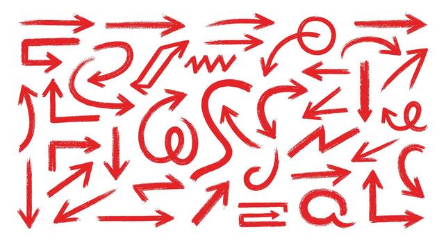 mano dibujado rojo flechas conjunto direccional gráfico elementos para presentaciones y web diseño, expresivo cepillo carrera flechas en blanco antecedentes vector