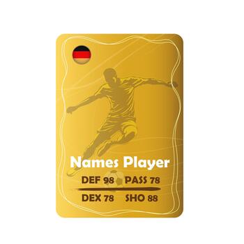 Golden soccer player trading card template with Germany flag, featuring high defense, pass, dexterity, and shoot stats for a customizable design vector