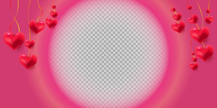 A vibrant pink and magenta banner background with a large, soft-focus circular copy space, framed by hanging 3D glossy red hearts and gold ribbons. vector