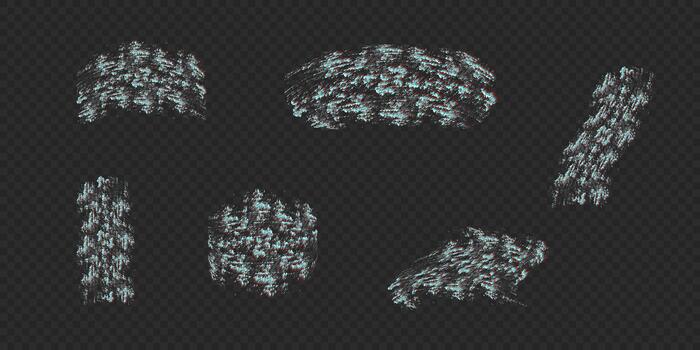 Glitch distressed brush strokes set. Digital noise and distortion effect texture Creative abstract cyberpunk design. vector