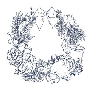 A Christmas wreath with pine branches, pine cones, tangerines, a candle, cotton, and a bow. Graphic line art illustration hand-drawn in ink. Round template, frame for text and greetings. vector