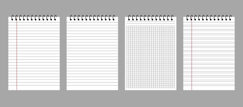 colección de cuatro espiral cuaderno paginas con varios papel estilos, vector