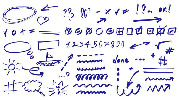 Note doodles graphic elements set. Collection of blue hand drawn scribbles with arrows, frames, heart question, mark, highlights, lines, circles, swirls, ticks, done, cat, more. illustration. vector