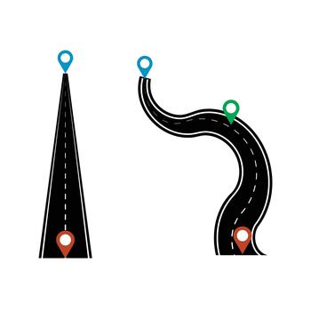 Winding road. Journey traffic curved highway. With location pointers, direction, transportation, timeline concept. vector