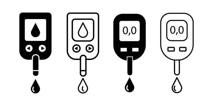 digital glucose meter icon set in black flat or thin line. used for blood sugar tracking. blood glucose meter with a drop icon on screen. vector