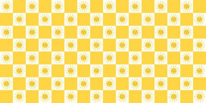brillante amarillo Dom modelo en tablero de damas antecedentes con sonriente caras vibrante alegre sin costura diseño con soleado alegre estado animico vector