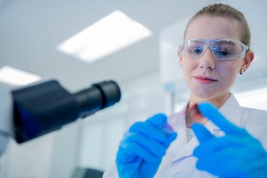 Scientist examining specimen under microscope in laboratory setting with precise attention photo