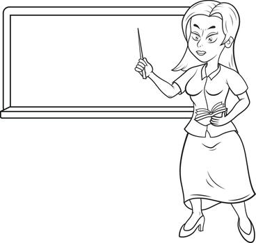 Passionate teacher explaining lesson with pointer near blank board, ready for your educational content and creative messages, perfect for learning resources and teacher templates vector