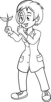 Scientist examines plant growth with magnifying glass in lab, a symbol of research, discovery, and educational resources for learning about biology and environmental science concepts vector