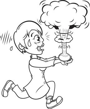 Cartoon scientist running from lab explosion with funny anxious expression, humorous science experiment gone wrong vector