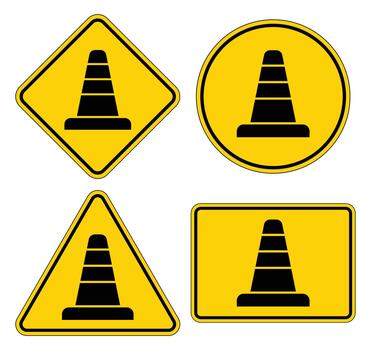 Set of Traffic Cone Icons in Various Shapes and Yellow Backgrounds vector