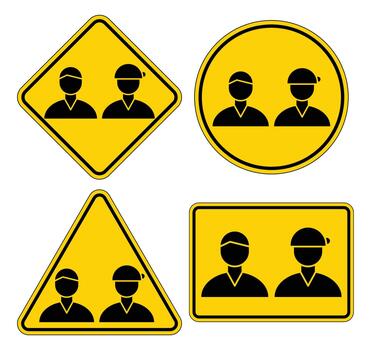 Set of Warning Signs Featuring Two Workers in Various Shapes and Designs vector