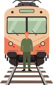 Man standing on railway tracks in front of approaching train illustration vector