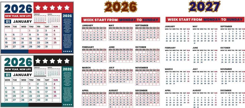 2026 and 2027 year English calendar design. Horizontal 26 and 27 year English calendar design monthly layout. 2026 to 2027 yearly calendar weekly layout from Monday to Sunday. vector