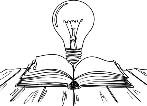 Book with light bulb illustration representing learning and knowledge exploration vector