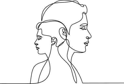 Minimalist single line drawing of two faces parent and child concept vector