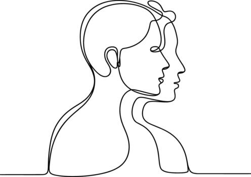 Continuous line drawing of two people in profile and connection vector