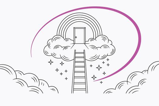 Climb the ladder to your dreams, with a rainbow, clouds and stars, vector