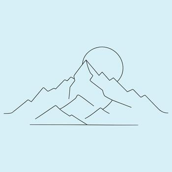 Minimalist mountain range line art illustration with a setting sun vector