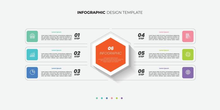 Modern minimalist elegant clean hexagonal 6 steps editable infographic design template. Infographic template featuring 6 steps with icons, designed vector