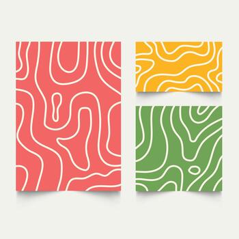Twisted lines, fluid, curved, wiggling stripes, waves backgrounds set. Liquid, chaotic retro ornaments, groovy hippie patterns collection. Doodle, uneven hand drawn wavy, winding lines vector