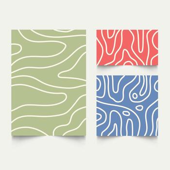 Twisted lines, fluid, curved, wiggling stripes, waves backgrounds set. Liquid, chaotic retro ornaments, groovy hippie patterns collection. Doodle, uneven hand drawn wavy lines vector