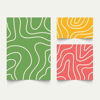 Twisted lines, fluid, curved, wiggling stripes, waves backgrounds set. Liquid, chaotic retro ornaments, groovy hippie patterns collection. Doodle, uneven hand drawn wavy, vector