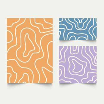 Twisted lines, fluid, curved, wiggling stripes, waves backgrounds set. Liquid, chaotic retro ornaments, groovy hippie patterns collection. Doodle, uneven hand drawn lines vector