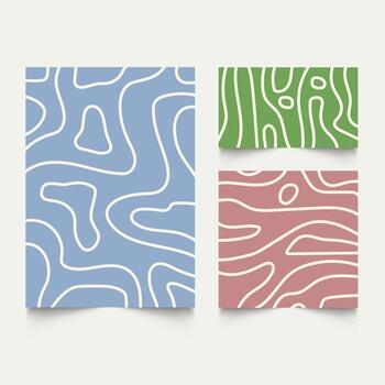 Twisted lines, fluid, curved, wiggling stripes, waves backgrounds set. Liquid, chaotic retro ornaments, groovy hippie patterns collection. Doodle, uneven hand drawn wavy, organic winding lines vector