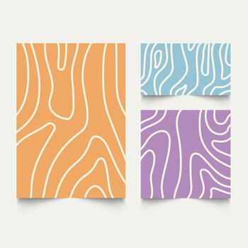 Twisted lines, fluid, curved, wiggling stripes, waves backgrounds set. Liquid, chaotic retro ornaments, groovy hippie patterns collection. vector