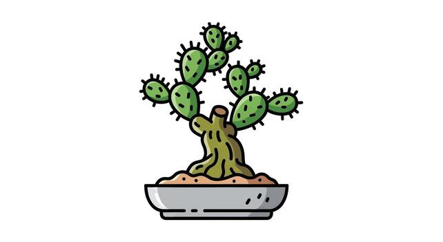 Stylized icon of an opuntia prickly pear cactus grown as a miniature bonsai tree in a shallow pot, isolated on a white background vector