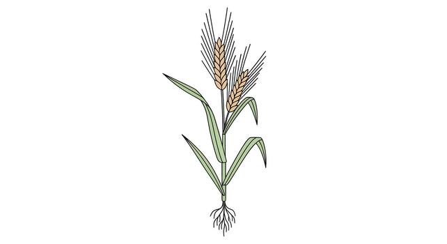 Isolated illustration of a single wheat stalk with ears, leaves, and roots on a white background vector