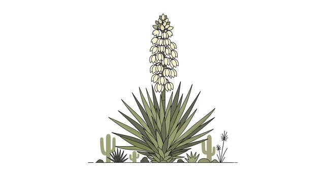 Minimalist line art illustration of a blooming yucca plant in a serene desert landscape. graphic of a flowering succulent with cacti on a white background vector