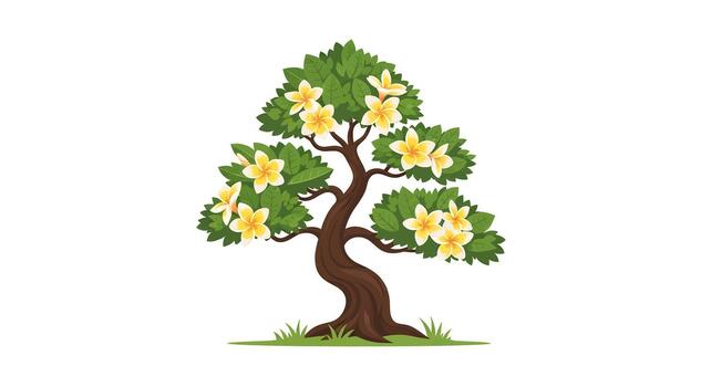Artistic depiction of a stylized tree with lush green leaves and delicate yellow flowers, set against a clean white background with a hint of green grass at the base vector