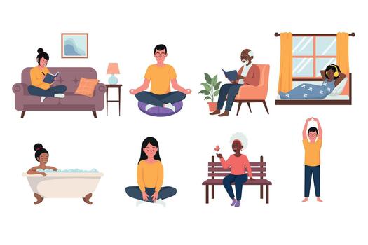 Flat style self care scenes showing reading meditation relaxing bathing stretching and peaceful daily routine moments focused on wellness calm mood and simple wellbeing activities. vector