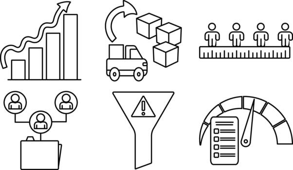 A set of capacity and resource planning line icons featuring growth chart supply flow team measure work funnel and performance tools vector