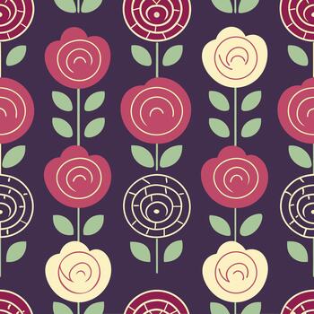 estilizado floral sin costura modelo presentando resumen como una rosa floraciones con concéntrico línea detalles en granate y crema colores en contra un profundo púrpura antecedentes. vector