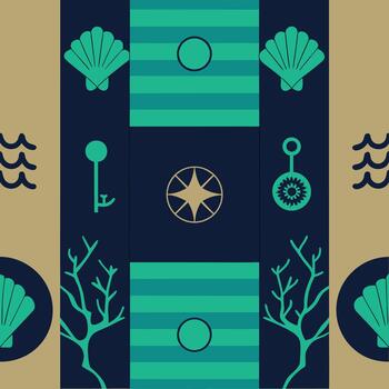 Nautical themed abstract pattern with seashells, compass, key, coral, and waves in deep blue, teal, and beige. seamless design vector