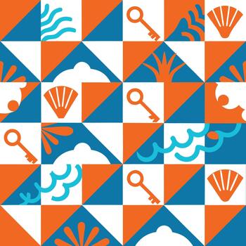 Vibrant seamless geometric pattern featuring abstract ocean elements, keys, and plant motifs arranged in a dynamic grid with blue, orange, and white vector