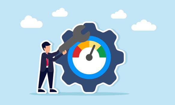 Businessman holding an engine key near gears with a level indicator illustration of maintaining business system performance vector