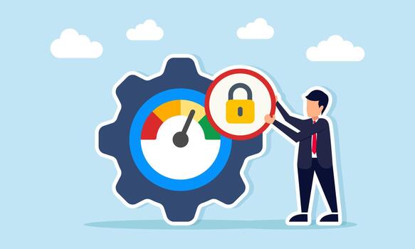 Businessman placing a lock icon on a gear with a level indicator illustration of business management system standardization vector