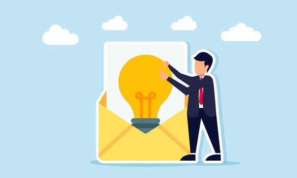 Businessman taking a lightbulb from a document envelope illustration of receiving input or advice for applying business ideas and innovation vector