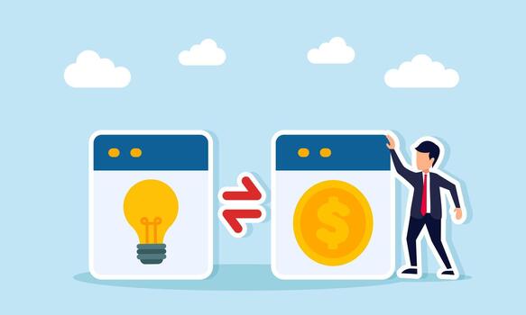 Businessman stand near two app interfaces showing a lightbulb and a dollar coin separated by an implication icon illustration of the correlation between business ideas innovation and income vector