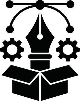 Pen nib and gears emerging from open box graphic vector